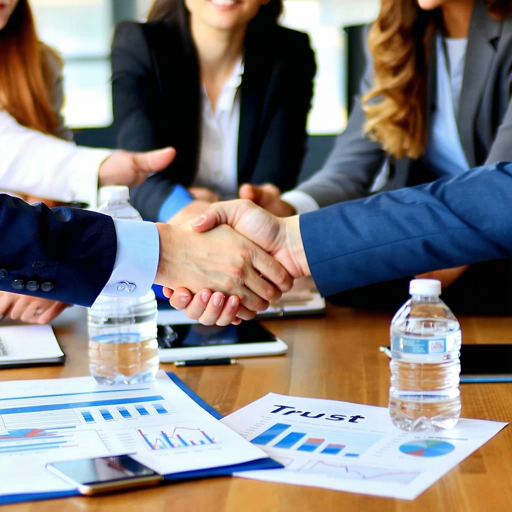 The image illustrates a dynamic business environment where trust and truth are foundational pillars of collaboration and communication A diverse group of professionals engages in a lively discussion around a conference table their expressions reflect